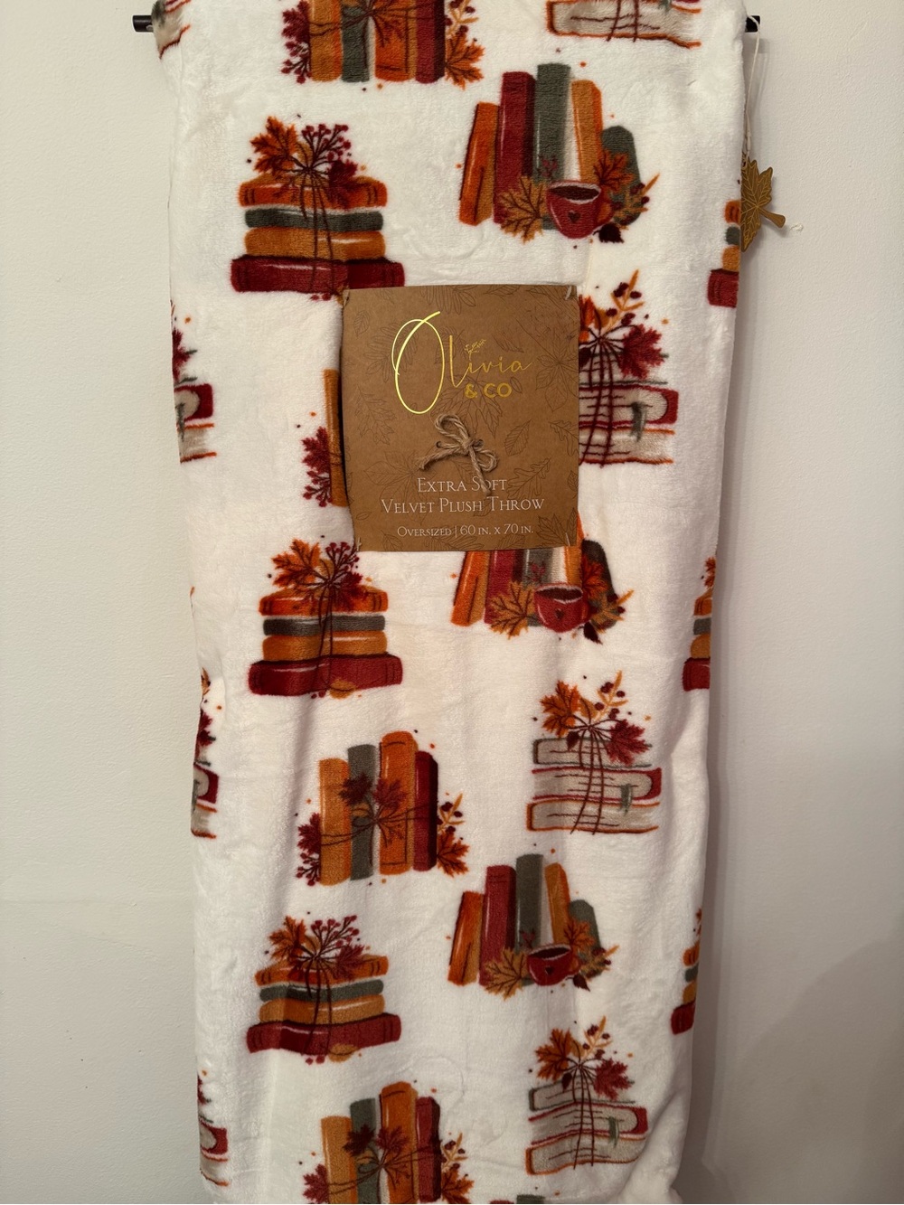 White Velvet Plush Throw Blanket with Autumn Bookstack Design